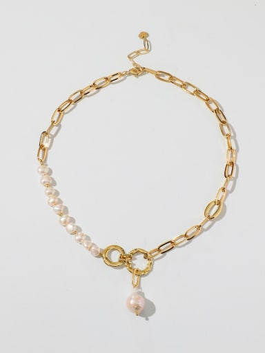 Brass Freshwater Pearl Geometric Trend Cuban Necklace