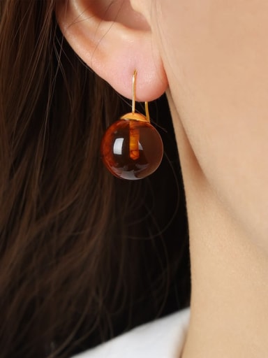F232 Red Brown Earrings Brass Resin Round  Bead Minimalist Hook Earring