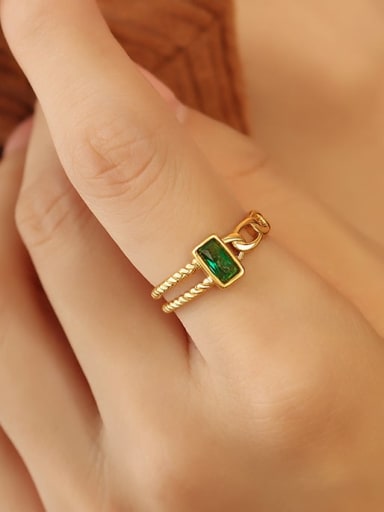 A423 gold green zircon ring Titanium Steel Cubic Zirconia Geometric Vintage Band Ring