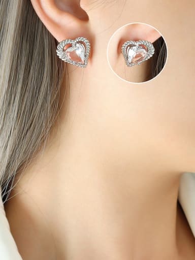 F714 Steel Color Earrings Brass Cubic Zirconia Heart Dainty Stud Earring