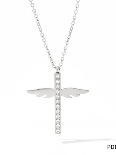 PDD416 steel color Stainless steel Cubic Zirconia Cross Dainty Necklace