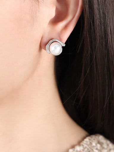 F824 Steel Color Earrings Titanium Steel Imitation Pearl Geometric Dainty Stud Earring