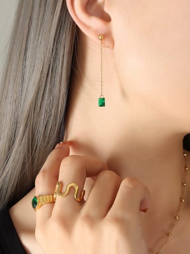 gold green Zircon Earrings Vintage Geometric Titanium Steel Crystal Green Earring and Necklace Set