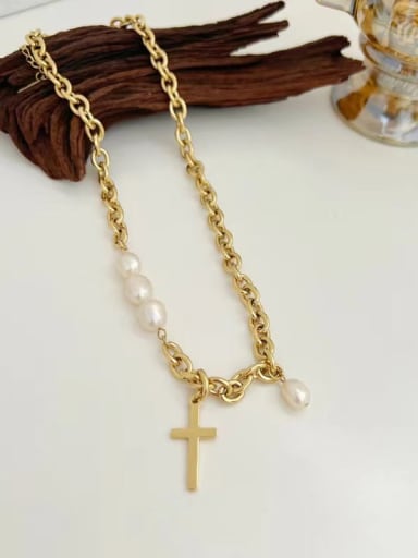 CDK320 Gold Stainless steel Freshwater Pearl Cross Trend Link Necklace