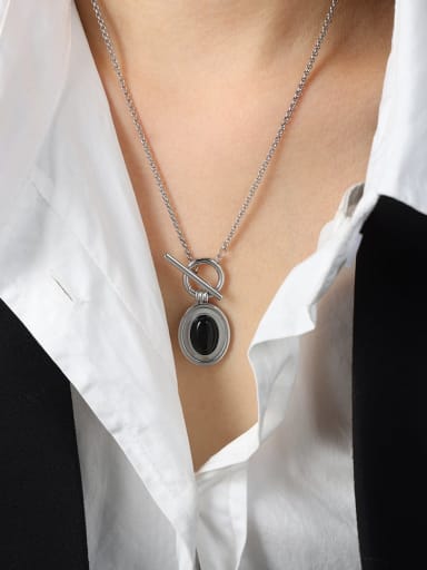 P1889 Steel Necklace 45cm Titanium Steel Obsidian  Vintage Geometric  Ring and Necklace Set