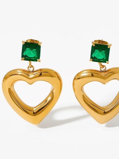KDE700 Gold Color, Green Stone Stainless steel Cubic Zirconia Heart Drop Earring