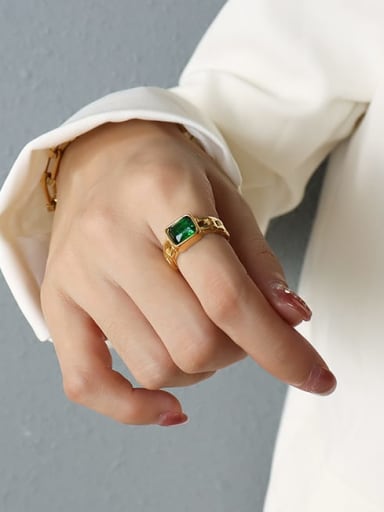 Gold +green zircon Titanium 316L Stainless Steel Cubic Zirconia Geometric Vintage Band Ring with e-coated waterproof