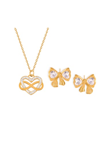 Titanium Steel Cubic Zirconia  Dainty Heart Bowknot Earring and Necklace Set