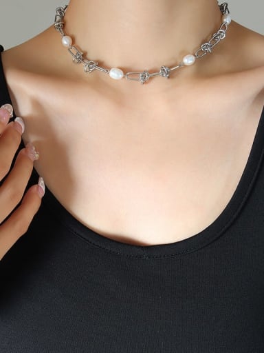 P470 Steel Necklace 38+ 5cm Trend Geometric Titanium Steel Freshwater Pearl Bracelet and Necklace Set