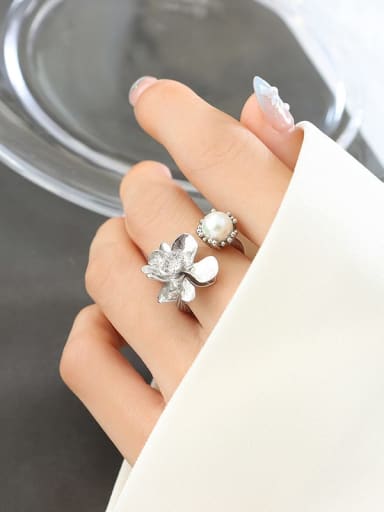 A449 steel ring Brass Imitation Pearl Flower Vintage Band Ring