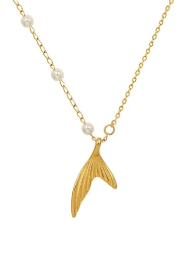 Titanium 316L Stainless Steel Imitation Pearl Fish Minimalist Necklace with e-coated waterproof