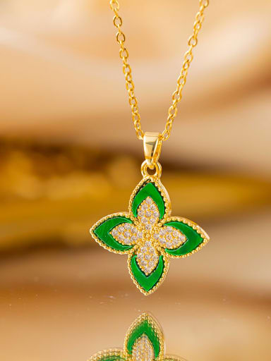 Green Clover Necklace Gold Titanium Steel Cubic Zirconia Clover Dainty Necklace