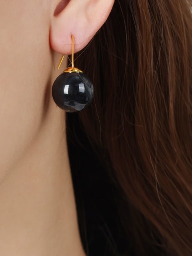 F232 Dark Grey Earrings Brass Resin Round  Bead Minimalist Hook Earring