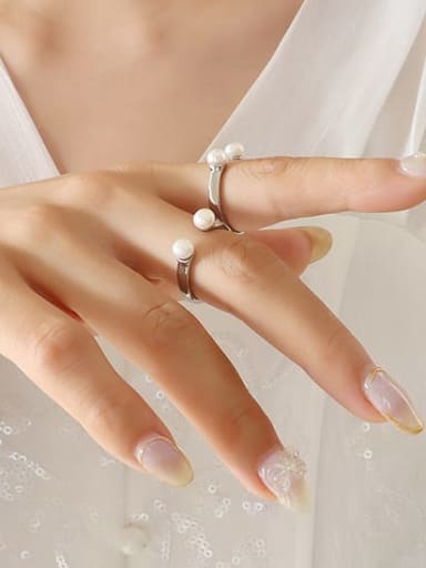 A357 steel freshwater pearl open ring Titanium Steel Imitation Pearl Geometric Minimalist Band Ring