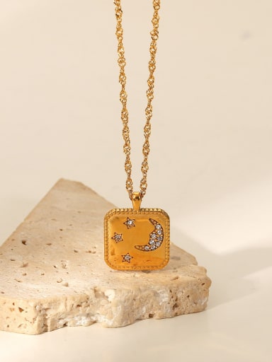 Stainless steel Rhinestone Vintage  square Pendant Necklace
