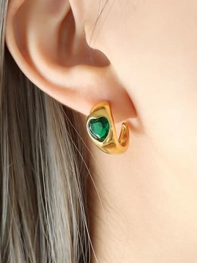 F681 Gold Green Glass Stone Earrings Titanium Steel Cubic Zirconia Heart Minimalist Stud Earring