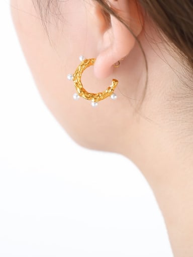 F866 Gold Earrings Titanium Steel Imitation Pearl Geometric Trend Stud Earring