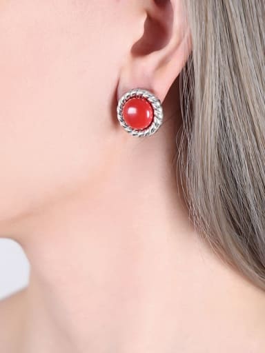 Steel Red Pinestone Earrings Titanium Steel Tiger Eye Vintage Round Earring and Necklace Set