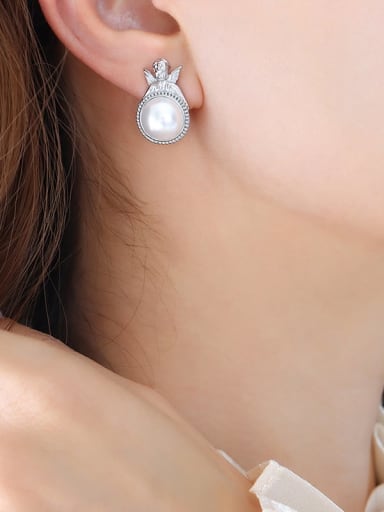 F725 Steel Color Earrings Titanium Steel Imitation Pearl Geometric Dainty Stud Earring