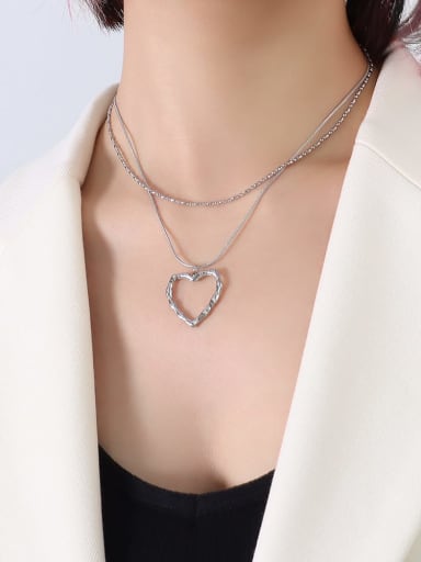 P1130 steel color double layer Necklace Titanium Steel Heart Minimalist Multi Strand Necklace