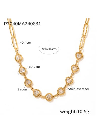 P2040 Golden Necklace Titanium Steel Cubic Zirconia Heart Hip Hop Necklace