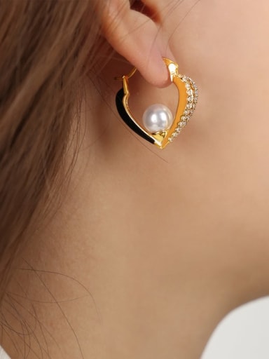 F1323 Black Glazed Gold Earrings Brass Cubic Zirconia Heart Vintage Huggie Earring