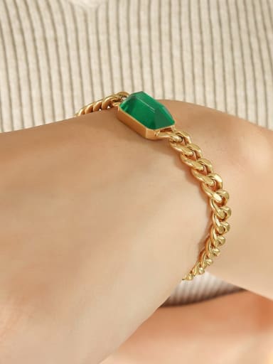 E378 Gold+ Green  Bracelet 15+ 5cm Titanium Steel Glass Stone  Hip Hop Geometric  Chain Bracelet and Necklace Set