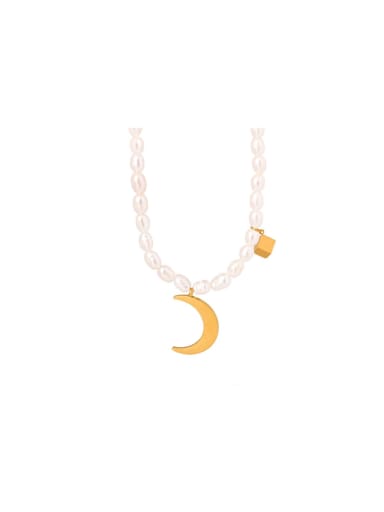 Titanium Steel Freshwater Pearl Moon Trend Necklace
