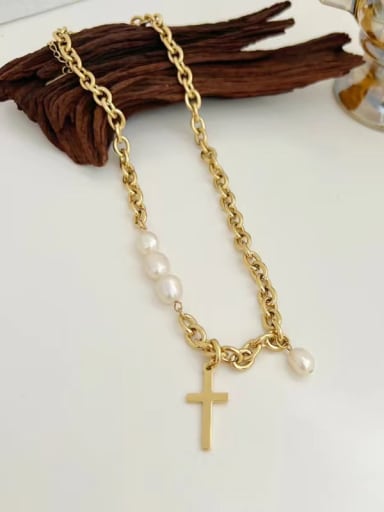 custom Stainless steel Freshwater Pearl Cross Trend Link Necklace