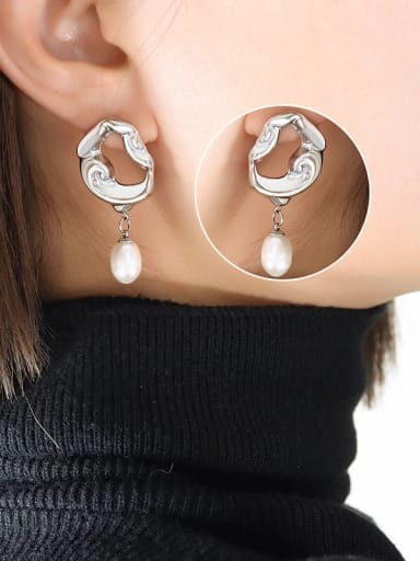 F719 steel color earrings Titanium Steel Imitation Pearl Geometric Vintage Drop Earring