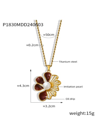 P1830 Golden Red Necklace Titanium Steel Enamel Flower Minimalist Necklace