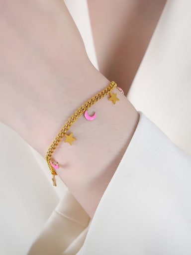 E434 Pink Drop Oil Gold Bracelet 15 5cm Titanium Steel Enamel Trend Pentagram Bracelet and Necklace Set