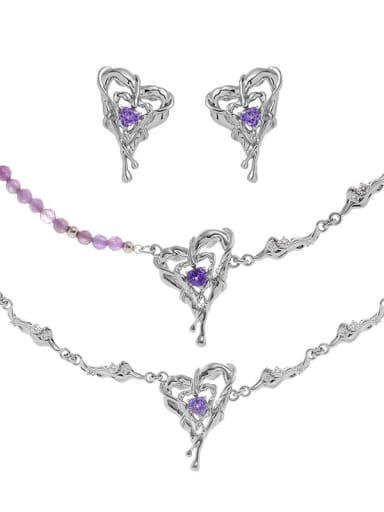 Brass Cubic Zirconia Hip Hop Heart Earring and Necklace Set