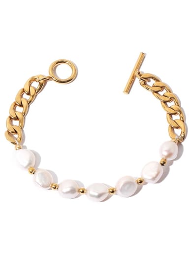 golden Brass Freshwater Pearl Geometric Chain Vintage Bracelet