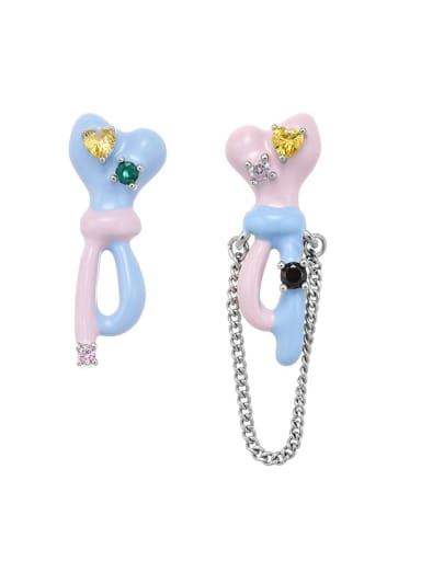 Brass Enamel Asymmetrical Heart Tassel Cute Stud Earring