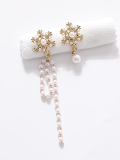 Brass Imitation Pearl  Asymmetrical Flower  Tassel Minimalist Drop Earring
