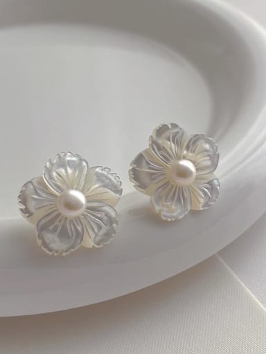 Large Shell Flower Pearl Earrings Brass Shell Flower Minimalist Stud Earring