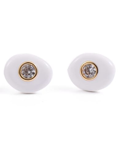White drop oil Brass Rhinestone Enamel Oval Minimalist Stud Earring