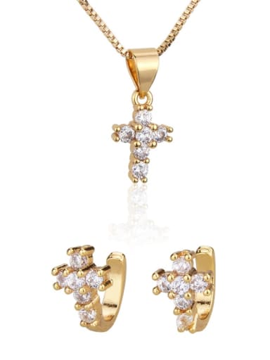 Brass Cubic Zirconia Dainty Cross  Earring and Necklace Set
