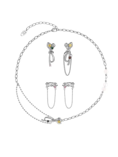 Brass Cubic Zirconia Hip Hop Bowknot  Earring and Necklace Set
