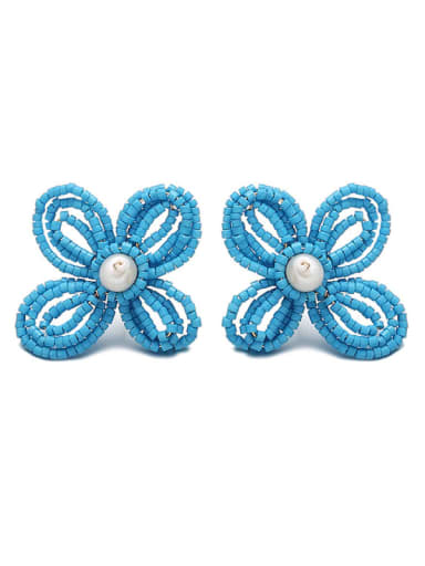 Sky blue earrings Brass Glass beads Multi Color Flower Bohemia Pure handmade Weave Earring