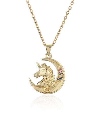 Brass Cubic Zirconia Vintage  Moon Unicorn Pendant Necklace