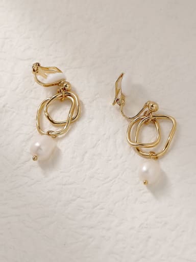 14k Gold Ear clip Brass Imitation Pearl Geometric Vintage Drop Trend Korean Fashion Earring