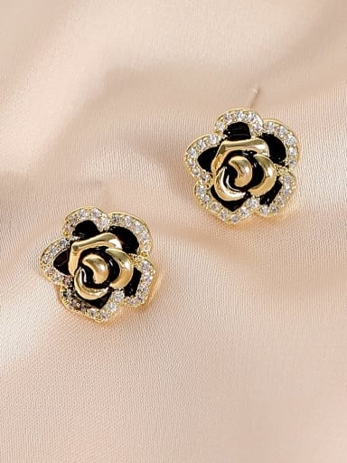 14k Gold Black Brass Cubic Zirconia Rosary  Flower Vintage Stud Earring