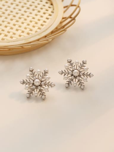 white K Copper Imitation Pearl Flower Ethnic Stud Trend Korean Fashion Earring