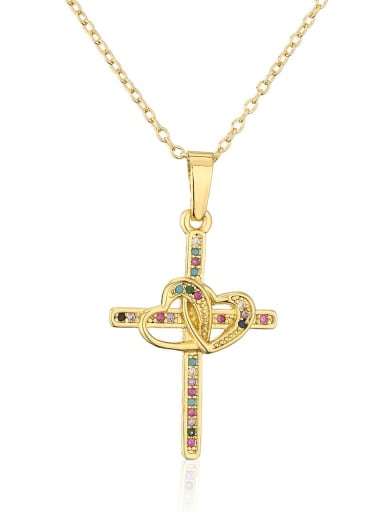 21958 Brass Cubic Zirconia Cross Vintage Necklace