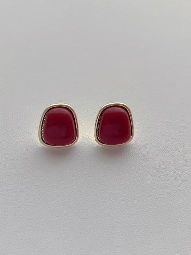 F191 Wine Red Earrings Brass Resin Geometric Vintage Stud Earring