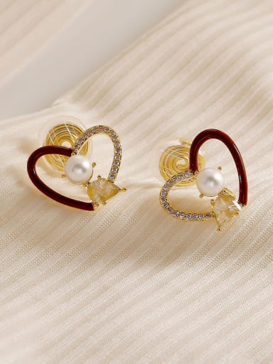 14k Golden Wine Red Clip Brass Enamel Heart Minimalist Stud Earring