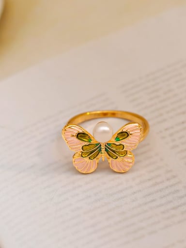 18K Pearl Powder Freshwater Pearl Brass Enamel Butterfly Minimalist Band Ring