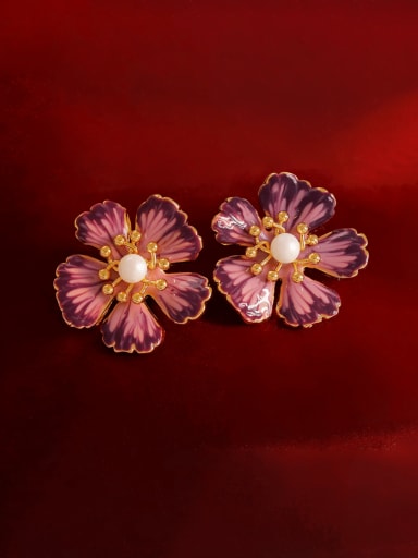 16K Gold +Rose Purple Brass Enamel Flower Minimalist Stud Earring